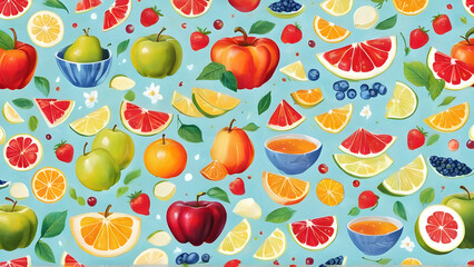 A group of  fruits on a blue background. AI generative image