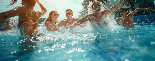 Friends having a pool party for National Pool Day, splashing and having fun in the water, 4K hyperrealistic photo.