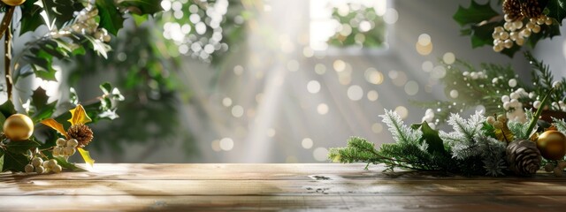 Empty table in front of christmas tree with decoration background, copy space