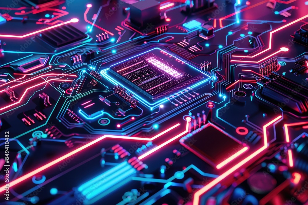 Poster neon lights illuminate a circuit board in a close-up shot, suitable for technology or electronics-re