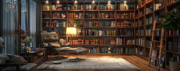 Obraz premium Library-inspired home office with floor-to-ceiling bookshelves, a comfortable reading chair, and warm lighting, 4K hyperrealistic photo