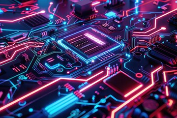 Obraz premium Neon lights illuminate a circuit board in a close-up shot, suitable for technology or electronics-related uses