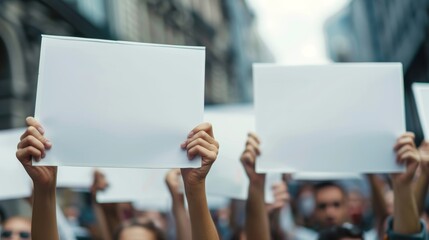 group of people holding empty blank paper signs on blue sky background, copy space