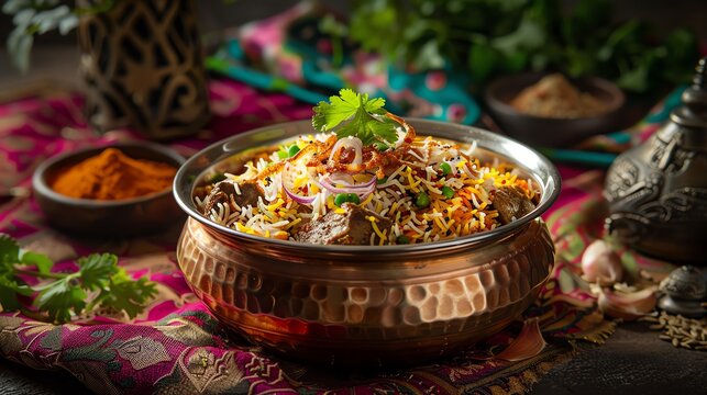 Flavorful Indian lamb biryani served in a copper pot