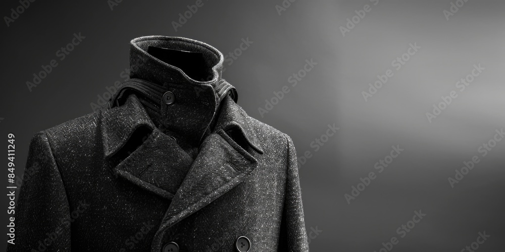 Poster a black and white photograph of a coat displayed on a mannequin, providing a clean and simple presen