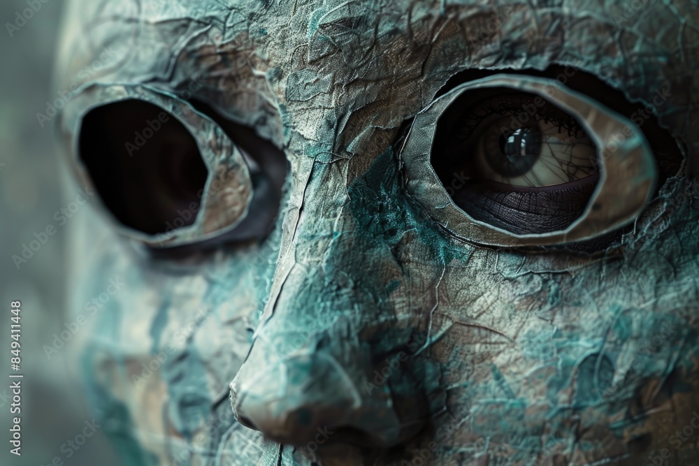 Poster a detailed view of a statue depicting a human face, suitable for use in various contexts such as art