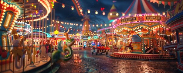 Summer carnival with games and rides, colorful lights and festive atmosphere, 4K hyperrealistic photo.