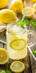 Fototapeta premium Limonada refrescante em um pote de vidro com fatias de limão