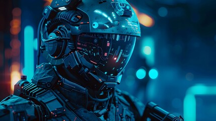 In a futuristic world, a cybernetic soldier equipped with a high-tech helmet and weapon, ready for action under a blue neon glow, blending science fiction and warfare.