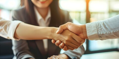 Bank loan officer congratulates customer on approved home loan with handshake. Concept Finance, Homeownership, Congratulations, Approval, Customer Service