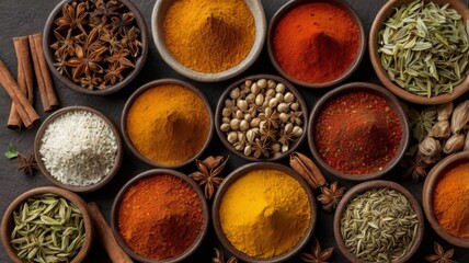 Top view of spices and herbs isolated against a background of food items, nutritious veggies, high vitamin and fiber content on the table