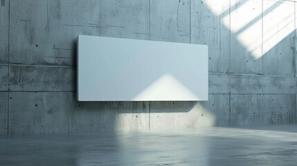 white blank poster with place for your logo or text on light illuminated wall background in abstract empty exhibition hall, mock up, copy space