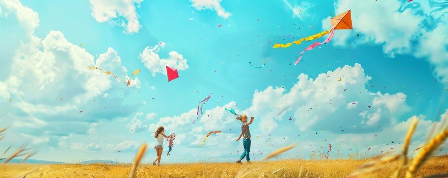Kids flying colorful kites in an open field, breezy summer day, 4K hyperrealistic photo.
