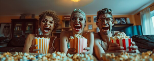 Friends having a movie marathon for National Tell a Joke Day, August 16th, popcorn and funny films, 4K hyperrealistic photo.