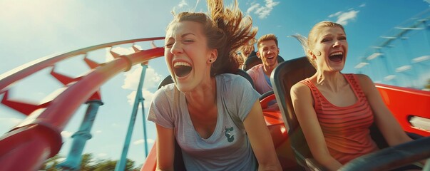 Group of friends riding roller coasters at an amusement park, excitement and joy, 4K hyperrealistic photo.