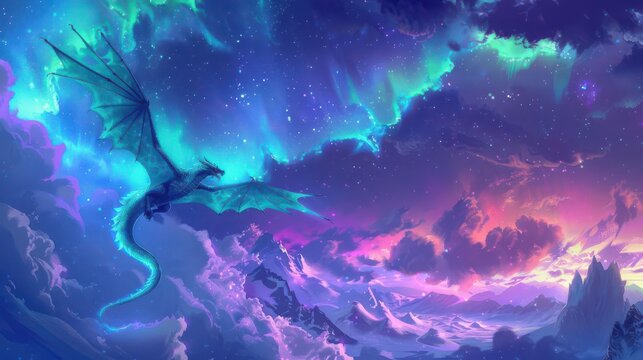 Aurora in a night sky above a fantasy dragon flying, magical, vivid colors, digital painting