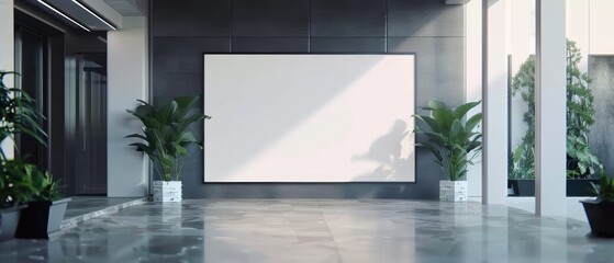white blank poster with place for your logo or text on light illuminated wall background in abstract empty exhibition hall, mock up, copy space