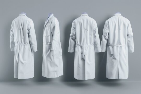 Row of white lab coats hanging on a wall, ideal for medical or scientific settings