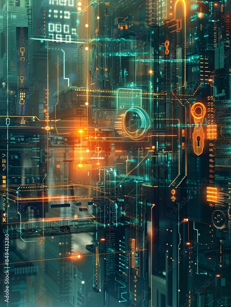 Aufkleber Abstract digital artwork depicting a futuristic and sophisticated cybersecurity network protected by AI algorithms, featuring digital locks, shields, and network nodes. Generative AI
