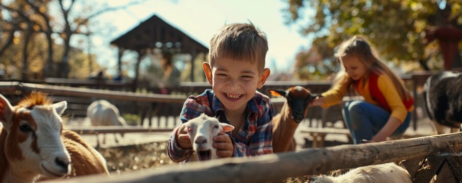 Kids having fun at a petting zoo for National Petting Zoo Day, interacting with cute animals, 4K hyperrealistic photo.