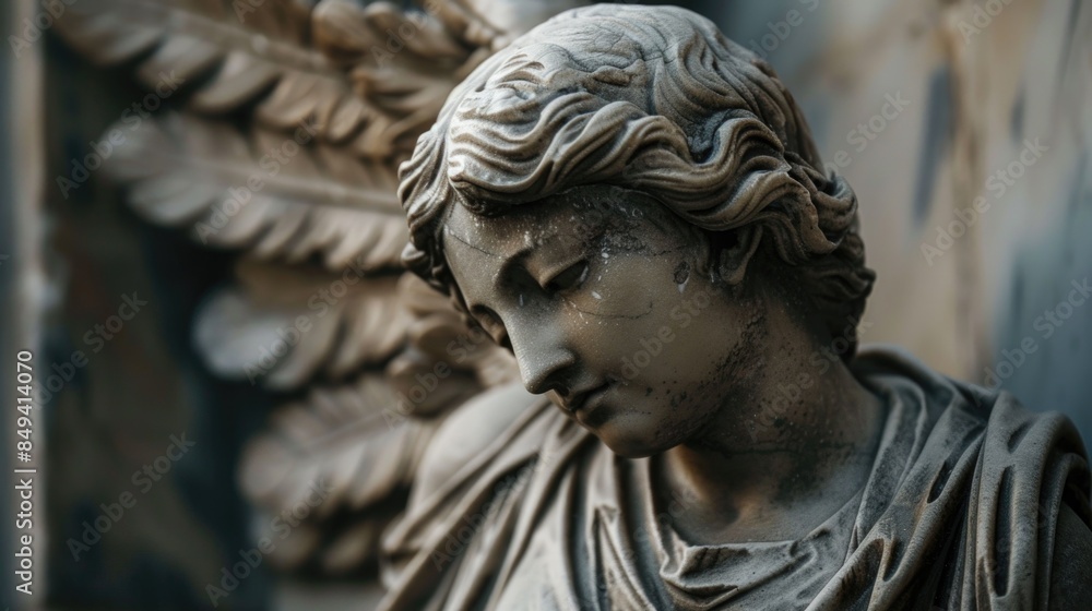 Poster a close-up shot of a statue depicting an angel, suitable for use in religious or inspirational conte