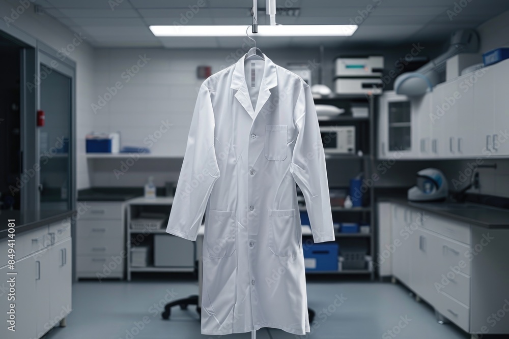 Poster a lab coat hanging on a hanger in a laboratory setting