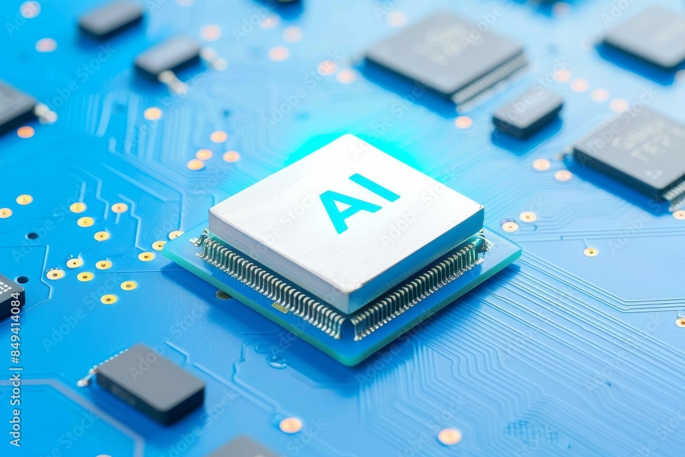 Poster ai microchip on a blue circuit board, highlighted by digital data flow and futuristic technology ele