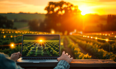 Modern agriculture technology with a person using a laptop to analyze data on sustainable farming practices at sunset in a vineyard