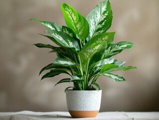 Obraz premium A potted Chinese Evergreen plant with variegated leaves, showcasing its vibrant green foliage against a neutral background.