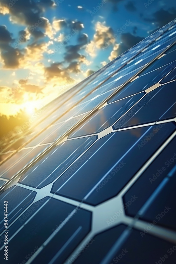 Poster a solar panel with the sun setting behind it