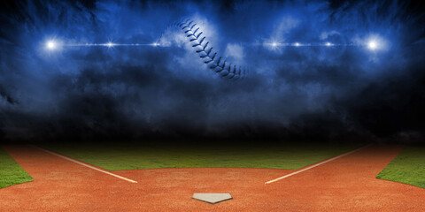 Mysterious Baseball Field with Dark Clouds and Stadium Lights © arc4studio