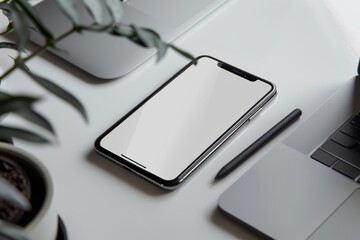 Top view of white office table with laptop, smartphone and supplies. Top view with blank screen, copy space