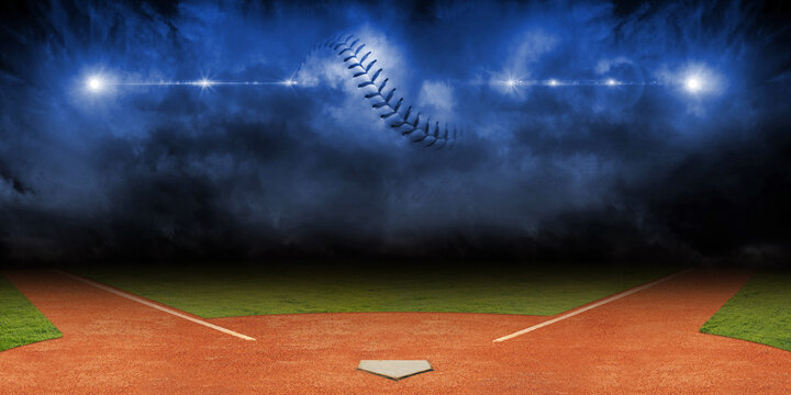 Mysterious Baseball Field with Dark Clouds and Stadium Lights