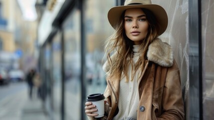 Obraz premium Cheerful woman in urban street drinking morning coffee in sunshine light