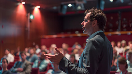 man speaking, presentation, side shot, business man