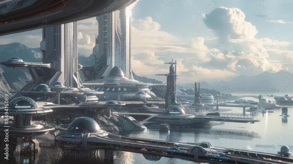Poster a futuristic cityscape at sunset with sleek architecture and a calm body of water in the background,