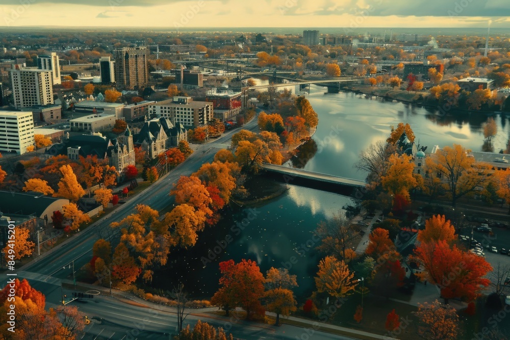 Poster an aerial view of a city with a river flowing through it, suitable for use in urban planning, touris