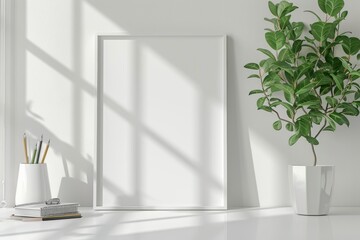 Rectangular mock up frame with reflection and blue background, copy space