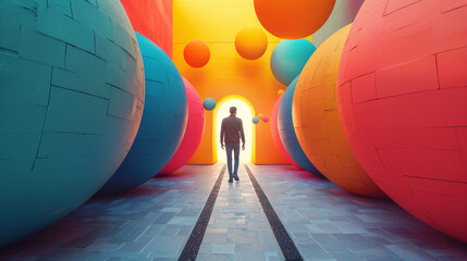 Obraz premium A person walking through a surreal corridor with large colorful spheres on both sides and a bright light at the end.