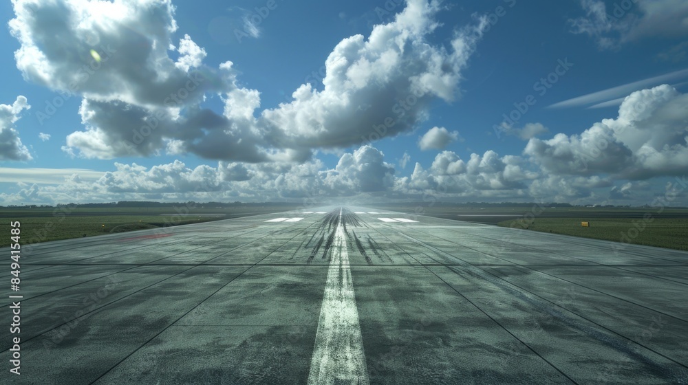 Poster a plane on a runway with clouds in the background, perfect for aviation or travel related content