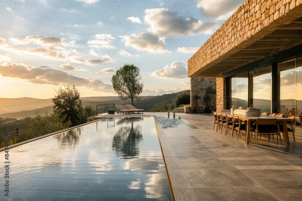 Poster Swimming pool with a view of the mountains in the background