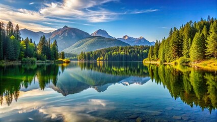 A serene landscape of a peaceful lake reflecting the surrounding trees and mountains , nature, tranquility, calm, peaceful