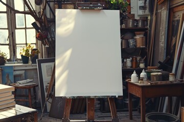 Wooden easel with blank canvas and painting tools near color wall in artist's workshop and copy space