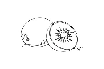 Continuous one line drawing of whole and half sliced healthy organic kiwi for orchard logo identity. Fresh tropical fruit concept for garden icon. Single line draw design vector graphic illustration