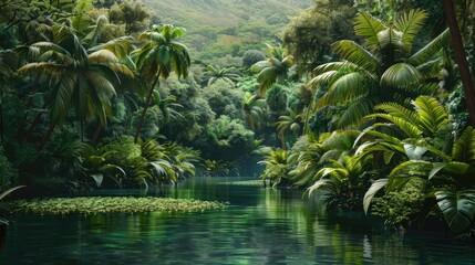 Naklejka premium Exotic river landscape surrounded by dense jungle foliage, creating a picturesque backdrop of natural splendor