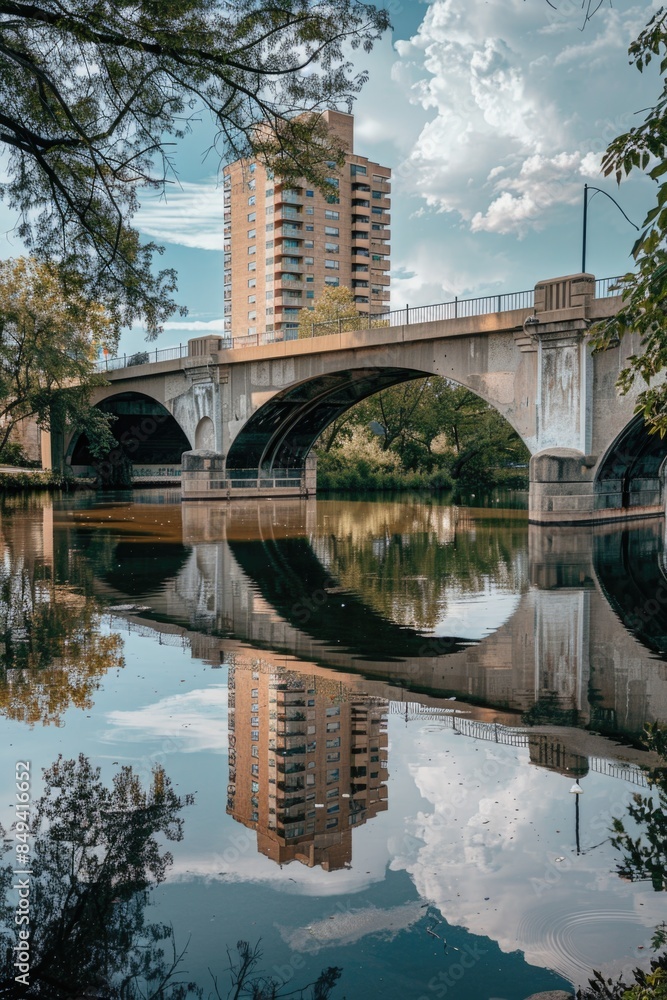 Poster a picturesque scene featuring a bridge spanning a body of water, with buildings and structures in th
