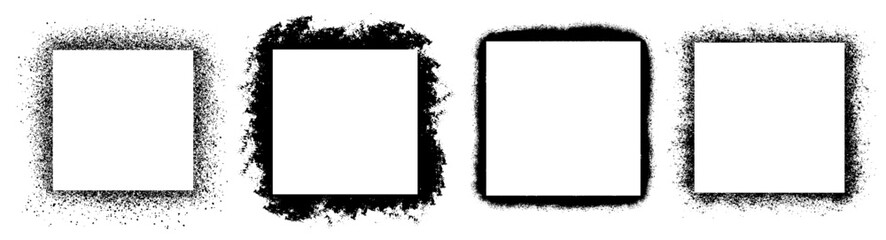 Set of stylish black grunge frames different shapes. Square brush stroke borders.  Urban street graffiti style with splash effects and drops.  Vector Illustration