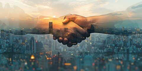 Double exposure of business handshake with cityscape in background symbolizing successful partnership. Concept Business Partnership, Double Exposure, Cityscape, Handshake, Success Symbolism
