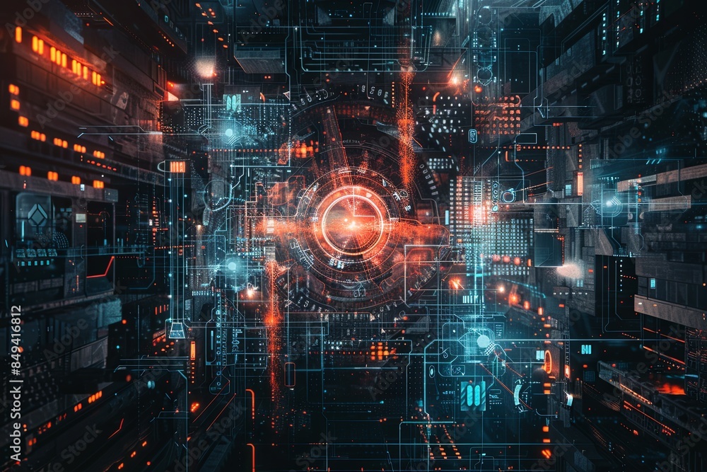 Aufkleber An abstract visualization of a futuristic cybersecurity network featuring digital locks, shields, and network nodes protected by advanced AI algorithms. Generative AI