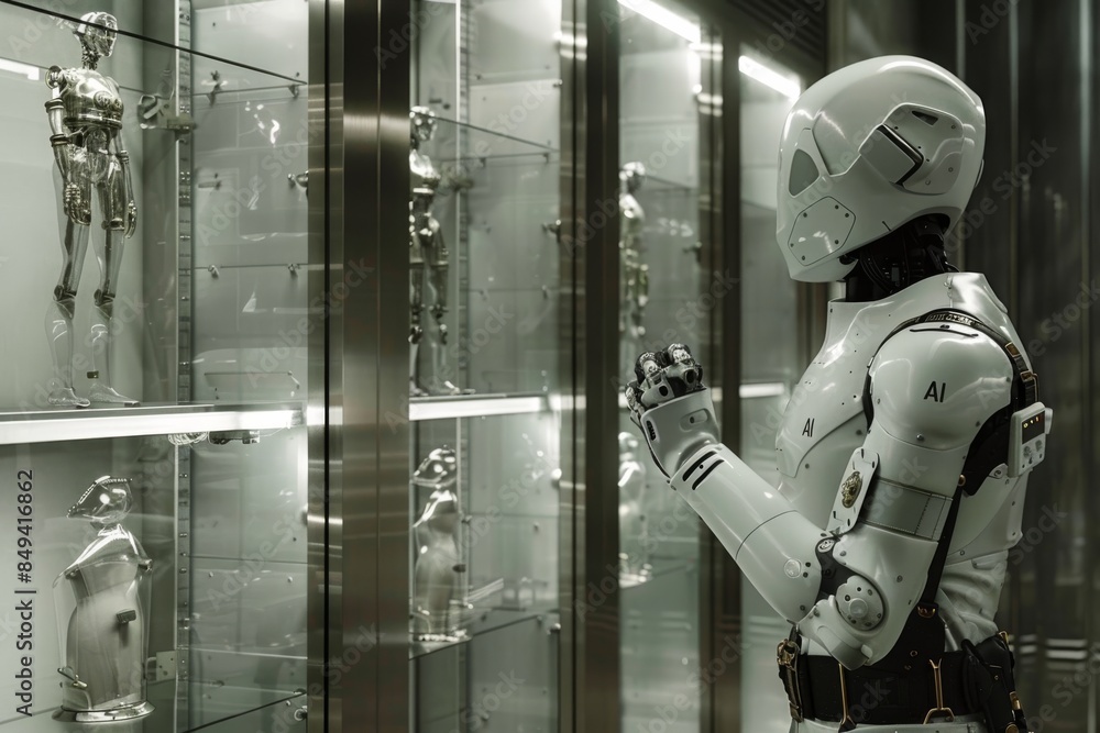 Aufkleber robotic security guard monitoring a high tech facility, illustrating the role of ai in enhancing sec